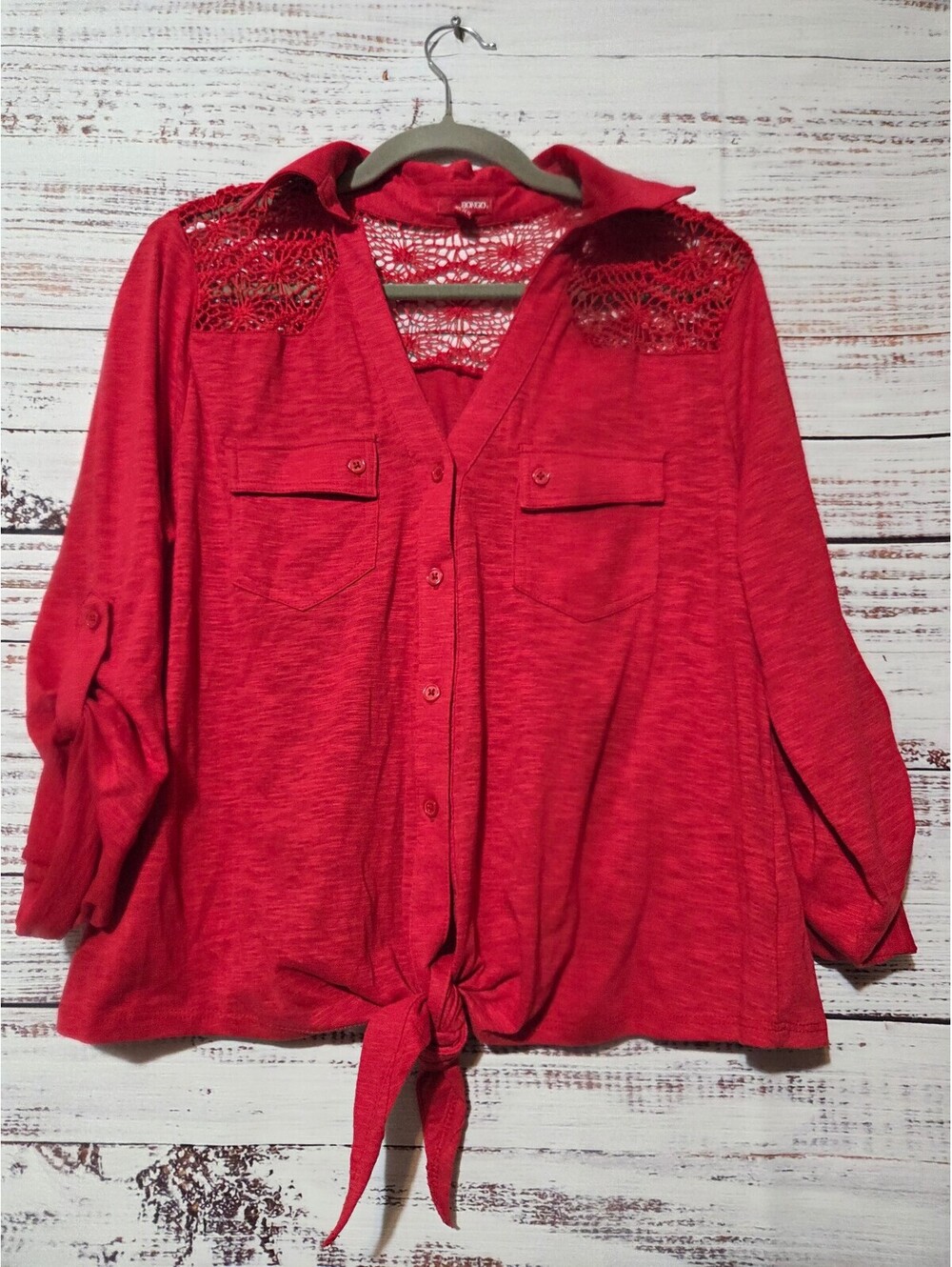 Bongo Red Button-Up Blouse with Crochet Detail and Tie Front